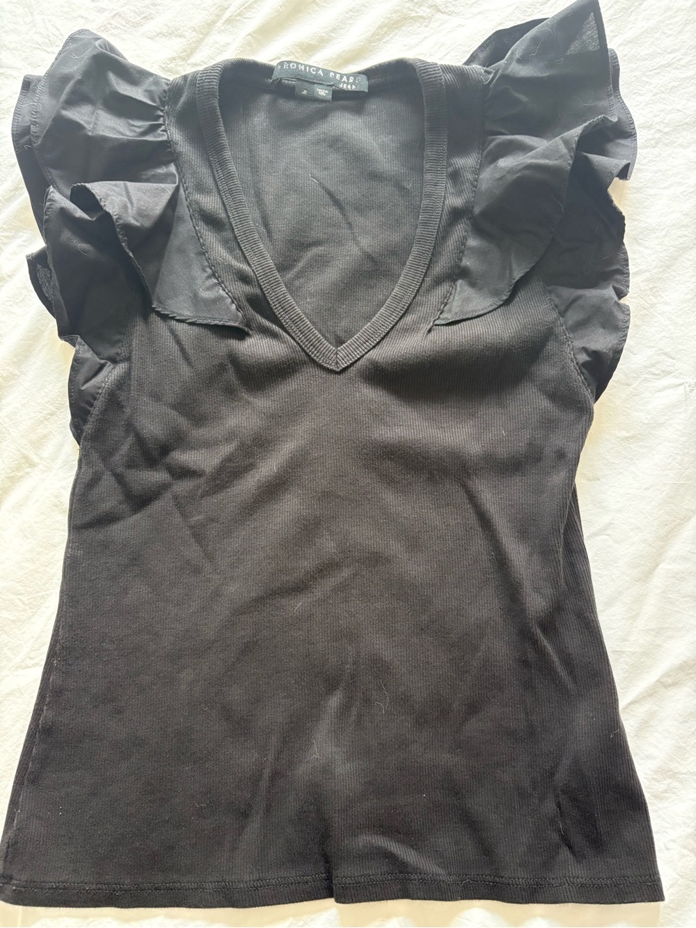 Veronica Beard Black V-Neck Ruffle Sleeve Top